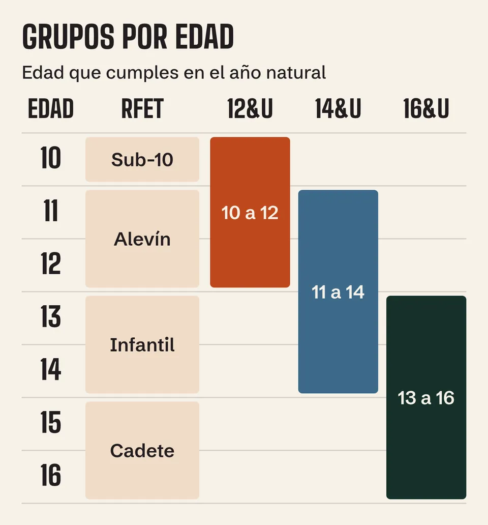 Grupos de Tennis Europe: 12&U de 10 a 12, 14&U de 11 a 14 y 16&U de 13 a 16, con sub-10, alevín, infantil y cadete